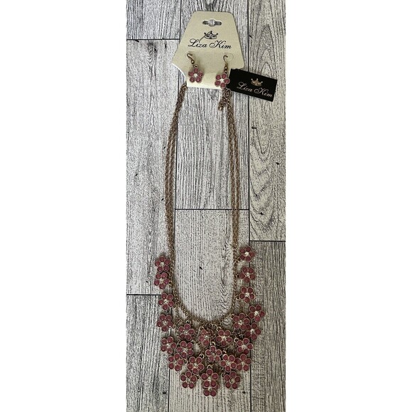 Liza Kim Gold Tone Pink Flowers Dangle Drop Earrings and Necklace Set - Picture 1 of 6